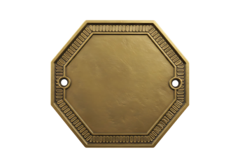 Hexagonal brass wall tag with embossed border and bolt holes isolated on transparent background