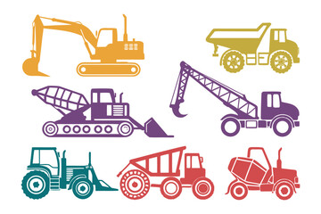 Naklejka premium Heavy Machinery Icons: A collection of colorful heavy machinery icons, ideal for illustrating construction and industrial concepts. Each vehicle is depicted in a vibrant and bold.