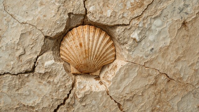 Embedded scallop fossil within sedimentary limestone