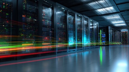 The server room illuminated with vibrant lights and high-speed data flow.
