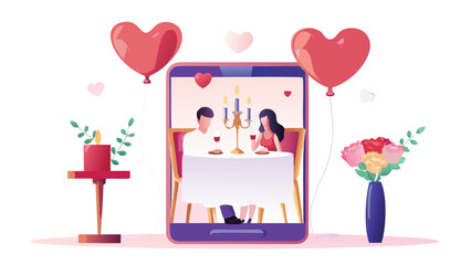 Couple having a virtual romantic dinner date on a smartphone with balloons and flowers decoration around it