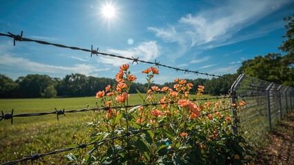 Military fence with sharp wire protecting fresh blossoms