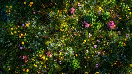Top down view of vibrant spring meadow full of colorful blooming flowers natural morning light highlighting textures scattered butterflies grass patterns cinematic countryside background