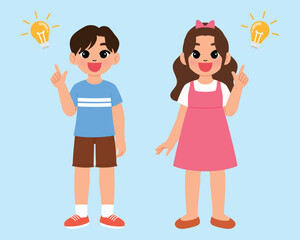 smile boy is got new idea, cute girl pointing finger up with light bulb, happy children get inspire and solution character,  young child with creative idea illustration