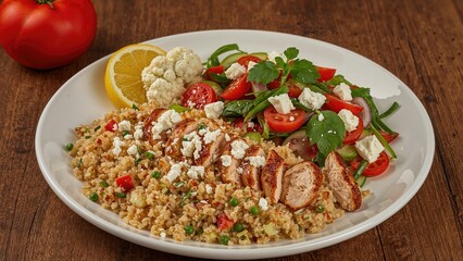 Warm Bulgar Bowl Featuring Cauliflower and Vibrant Salad Array on Natural Wooden Surface