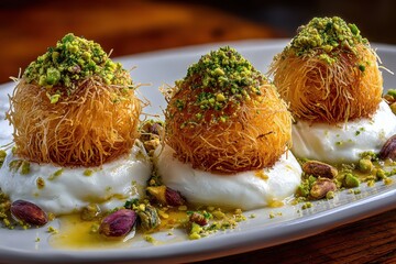 Three kanafeh balls are on a white plate, topped with pistachios and cream. Use for blog posts about Middle Eastern desserts or Mediterranean cuisine.