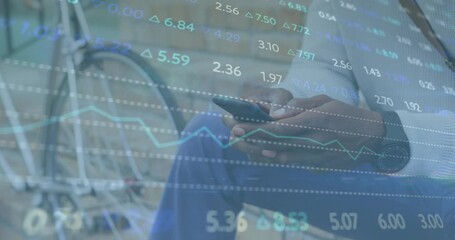 Mature man tapping smartphone screen causing animated financial chart updates tracking market data - Powered by Adobe