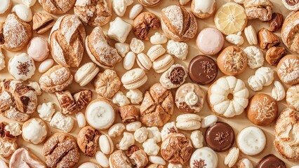 Texture design with bread and confectionery products, representing sweet food concept