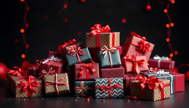 Pile of wrapped gifts, black & red background, Christmas & Black Friday theme,  winter,  abstract