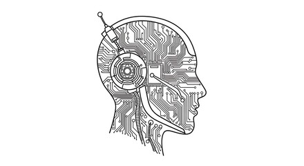 Line drawing of a head silhouette filled with circuit board patterns and mechanical components design