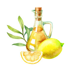 Watercolor composition of lemons and green olive branch isolated on a white background.