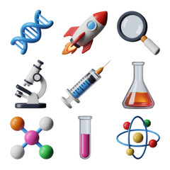 Collection of science and technology icons isolated on transparent background