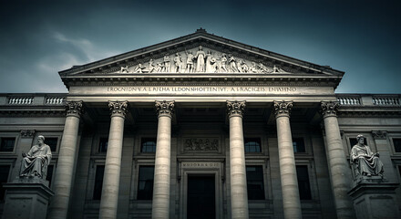 Obraz premium Imposing neoclassical building facade with grand columns and detailed pediment under a dramatic cloudy sky