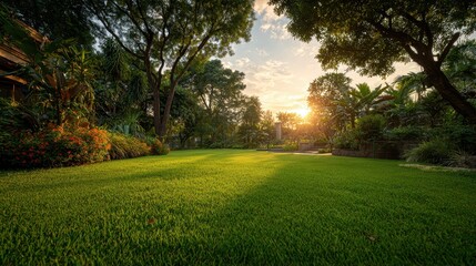 Fototapeta premium Lush green lawn and garden under golden sunlight, with trees and plants. Perfect to evoke peace, nature, and beautiful outdoor landscaping design.