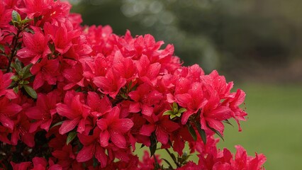 Red blossoms flowering on a shrub outdoors