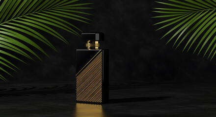 Elegant Black and Gold Perfume Bottle Presentation with Tropical Palm Leaves Backdrop Luxurious Fragrance Concept