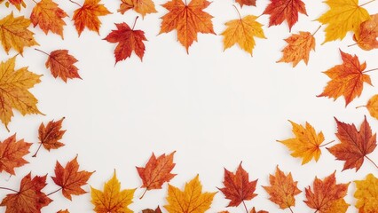 Fototapeta premium White backdrop with autumn leaves laid flat, conveying the essence of a fall celebration.