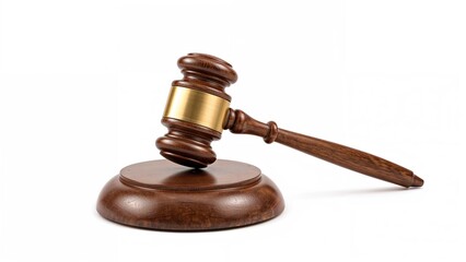 A clear image featuring a wooden hammer and sound block on a white surface, symbolizing authority, fairness, and court cases. Great for use in legal or educational contexts.