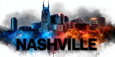 Nashville is shown with a bright and energetic depiction of its skyline. The image captures the city's lively music and cultural scene.