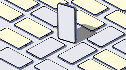 Isometric array of phones with one standing out among the others in a digital age