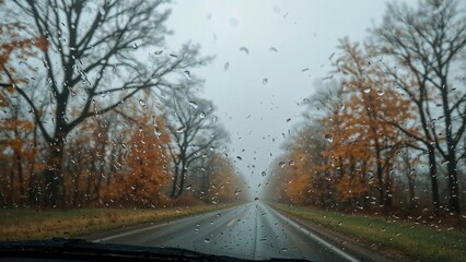 Fototapeta premium View of rainy fall landscape through a car window