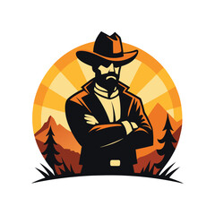 Illustration of a stern cowboy with crossed arms, wearing a hat and jacket, set against a backdrop of mountains and a setting sun, evoking a sense of adventure and the wild west