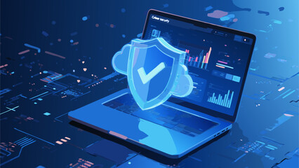 Cyber security concept laptop displaying cloud shield with checkmark for data protection