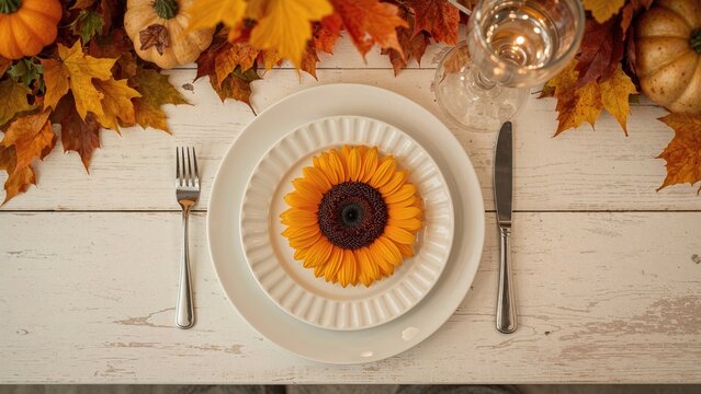 Fall-themed table arrangement featuring a plate, cutlery, and sunflower on a white wooden surface. Overhead shot. Holiday celebration - Powered by Adobe