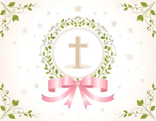 Elegant baptism invitation design with floral wreath cross and pink ribbon accent