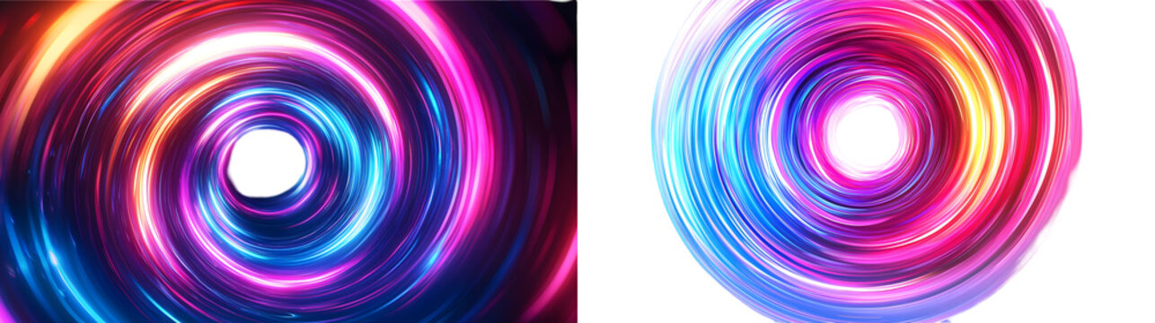 Rotating dynamic neon circle. Colored shiny sparks of spiral wave. Neon color glowing lines background, high-speed light trails effect. isolated