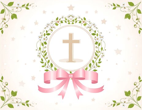 Elegant baptism invitation design with floral wreath cross and pink ribbon accent - Powered by Adobe