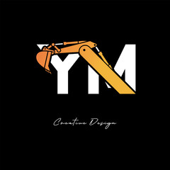 YM Excavator Arm Construction Logo - Bold Industrial Letter mark Design for Heavy Equipment, Contractor Branding & Modern Engineering Identity