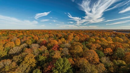 Aerial Perspective of a Vibrant Fall Forest with Red, Orange, and Yellow Leaves