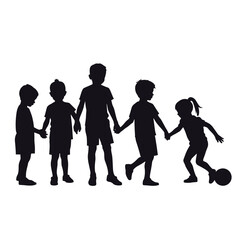 Obraz premium Group silhouette of children playing together, a group silhouette showing kids holding hands and interacting joyfully. This silhouette highlights childhood fun