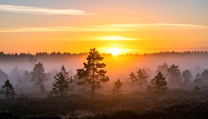 Fototapeta premium Misty sunrise over a forest with silhouetted trees and a warm, golden light