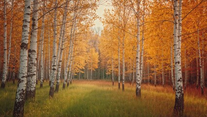 Obraz premium Birch woodland transitions from summer to fall in an abstract scene