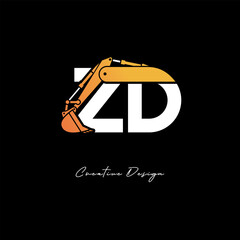 ZD Excavator Arm Construction Logo - Bold Industrial Letter mark Design for Heavy Equipment, Contractor Branding & Modern Engineering Identity