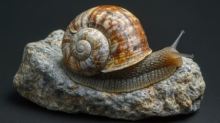 Snail on a Rock with Dark Background, Close-Up View