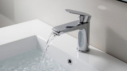 Sensor-operated tap installed on a white ceramic washbasin