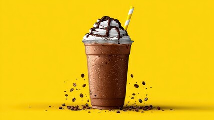 Chocolate frappe with whipped cream and straw on bright yellow background. Perfect for coffee shop menu, blog, or advertising material.