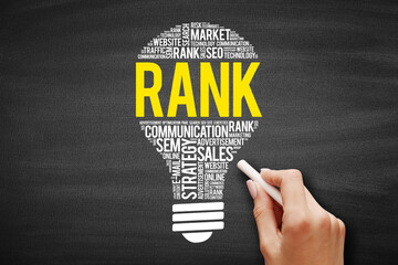 RANK bulb word cloud collage, business concept on blackboard