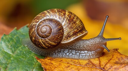 Snail on Leaf Amidst Autumn Colors in Nature