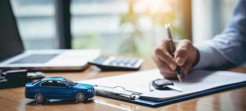 The miniature blue car and keys beside important paperwork in a business setting.