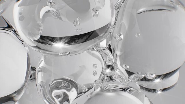 Macro 3D render motion of transparent collagen, face serum or water bubbles. Advertising  concept for skincare, cosmetics, or scientific innovations.