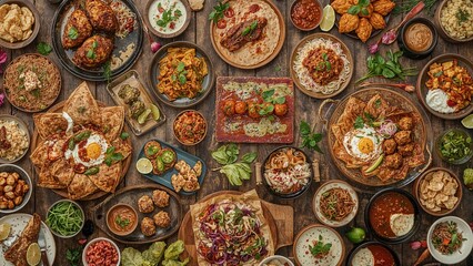 Fototapeta premium Mixed food platters set on rustic wooden background