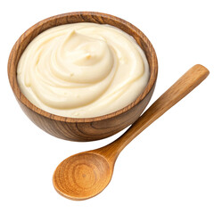 Mayonnaise in wooden bowl with wooden spoon isolated on transparent background  
