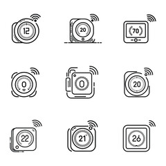 Collection of hand drawn smart thermostat icons showing different temperature settings and digital displays