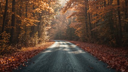 Fototapeta premium Forest Trail with Asphalt Surface: Representing the Path Ahead and Life's Adventure on a Pleasant Autumn Afternoon