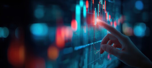 The hand interacting with financial data on a futuristic digital screen.