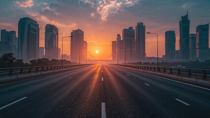 Obraz premium Modern cityscape with highway and bridge at dusk, perfect for automotive advertising.